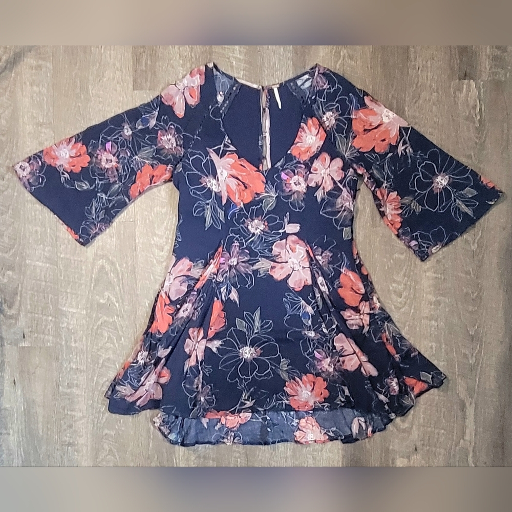 Free People All Eyes on You Floral Mini Dress Tunic Womens 2 Navy Pink Flowy Boh - Picture 6 of 15